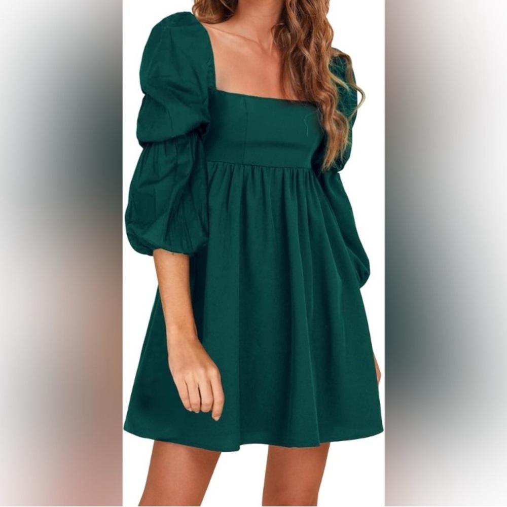 NWT EXLURA Square Neck Dress Long Puff Sleeve Dress, size Medium, green mini